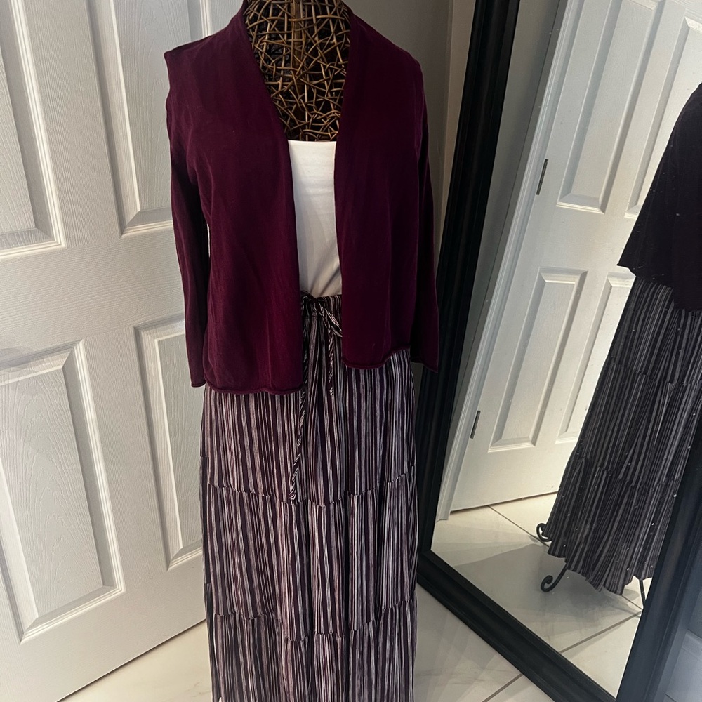 Chic Burgundy Cardigan and Striped Maxi Skirt Set